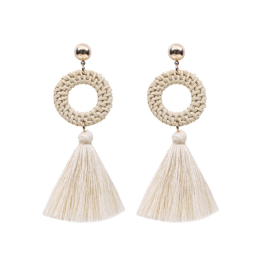“Orval” Earrings Tassels Wicker Cream White - Picture 5 of 9